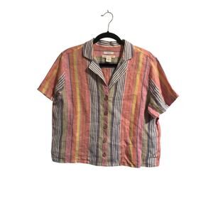 C&C California Medium Linen Top Shirt Stripe Button Short Sleeve Pink Blue #5707